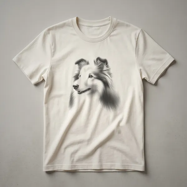 Black and white line drawing of a Shetland Sheepdog's head in profile, showcasing its alert expression and fluffy mane, printed on a t-shirt.