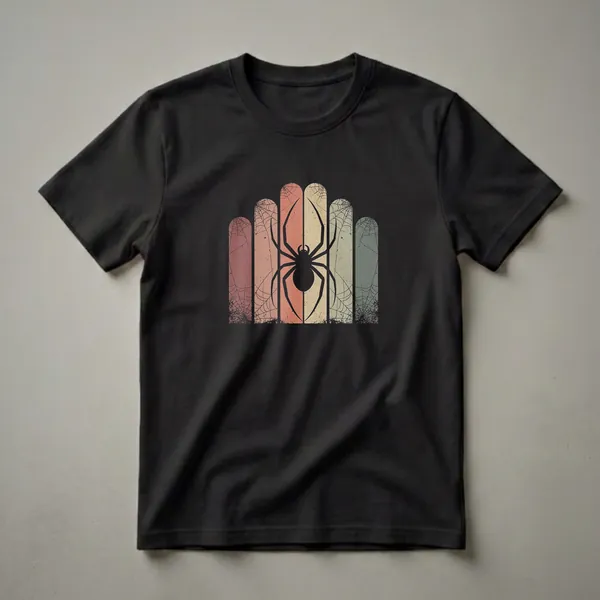 Black graphic t-shirt featuring a retro design with a black spider silhouette centered over vertical stripes in muted red, yellow, and green, overlaid with distressed spiderwebs.