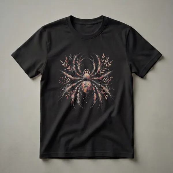 Black t-shirt with a detailed watercolor drawing of a tarantula surrounded by brown and red botanical leaves and fronds.