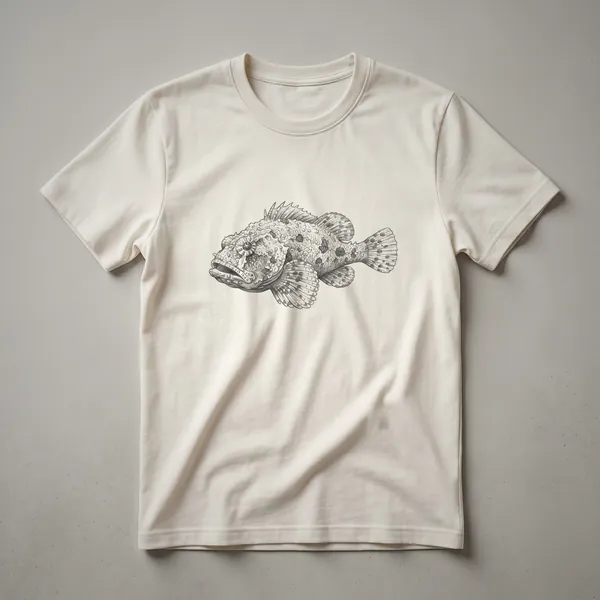 Black and white line drawing of a stonefish, a marine fish known for its camouflage, displayed on a t-shirt.