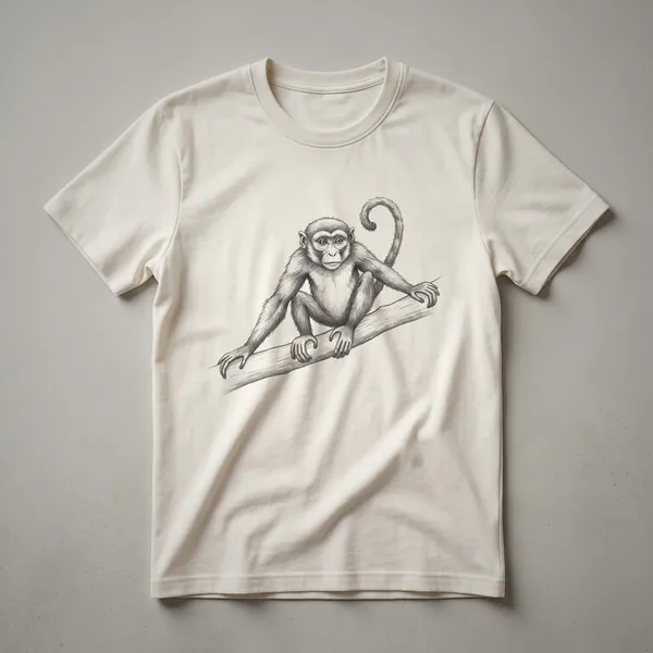 Black graphic t-shirt with a white line drawing of a spider monkey sitting on a branch, facing forward with its tail curled.