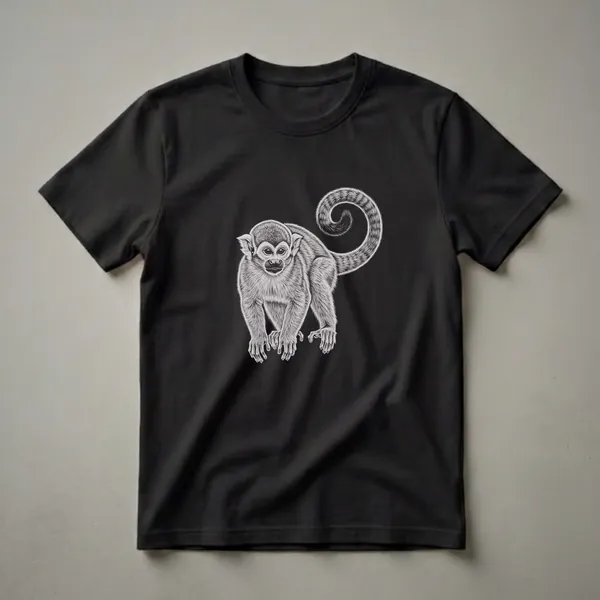 Black and white drawing of a squirrel monkey with a curled tail, depicted on a black t-shirt.