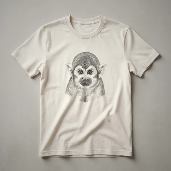 Black graphic t-shirt featuring a detailed vintage line drawing of a squirrel monkey's face, focusing on its eyes and facial features.