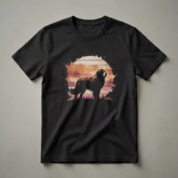 Black t-shirt featuring a silhouette of a Saint Bernard dog against a vintage sunset with a distressed paint splatter border.