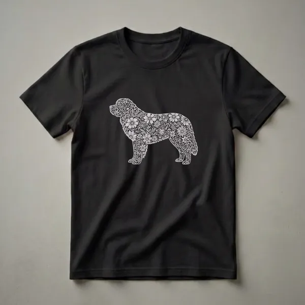 Black t-shirt featuring a white line drawing of a Saint Bernard dog filled with intricate floral and leaf patterns.