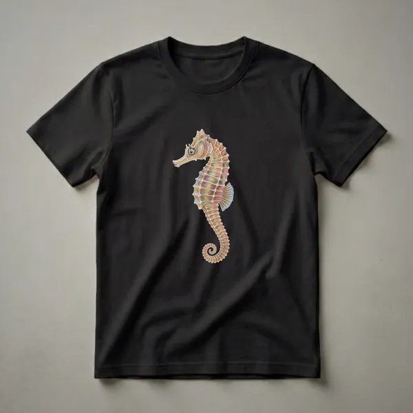 A vintage-style hand-drawn seahorse t-shirt in shades of orange, yellow, and green, with a black background.