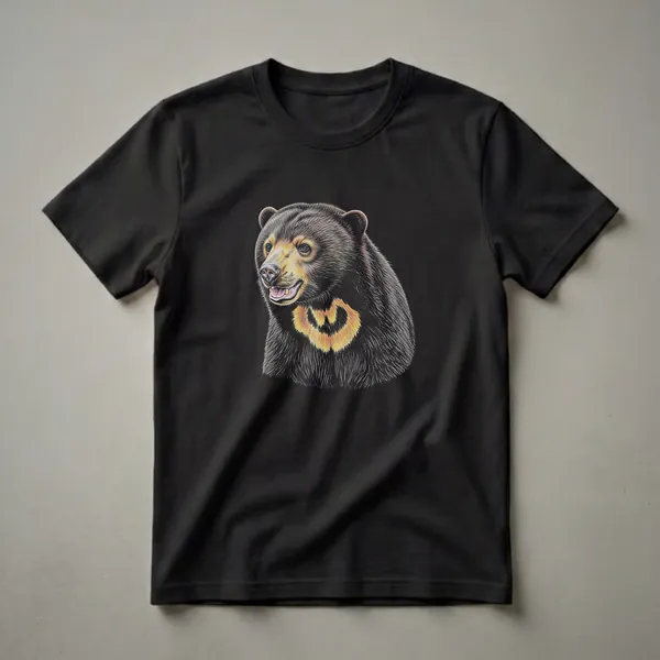 Black t-shirt with a detailed drawing of a sun bear's head and chest, featuring its distinctive golden marking.