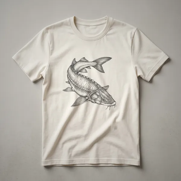 A black and white line drawing of a sturgeon fish, showcasing its elongated body, fins, and distinctive snout, presented on a dark background.