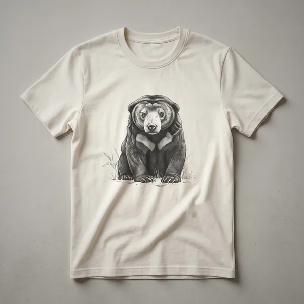 Black and white vintage sketch of a sun bear sitting alertly in a field of grass, depicted on a t-shirt.
