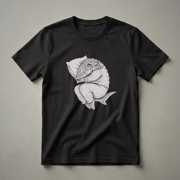 White graphic t-shirt featuring a black and white sketch of a sturgeon wearing polka-dot pajamas and sleeping on a pillow.