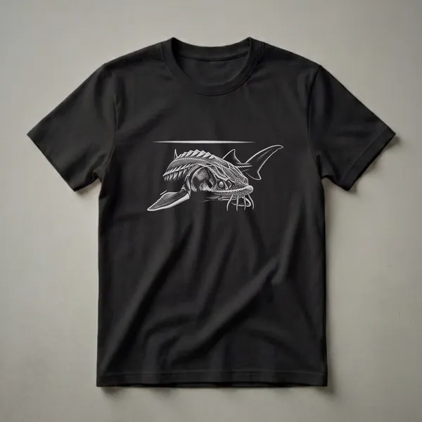 Black t-shirt with a detailed, monochromatic illustration of a sturgeon fish swimming, rendered in a vintage engraving style against a black background.