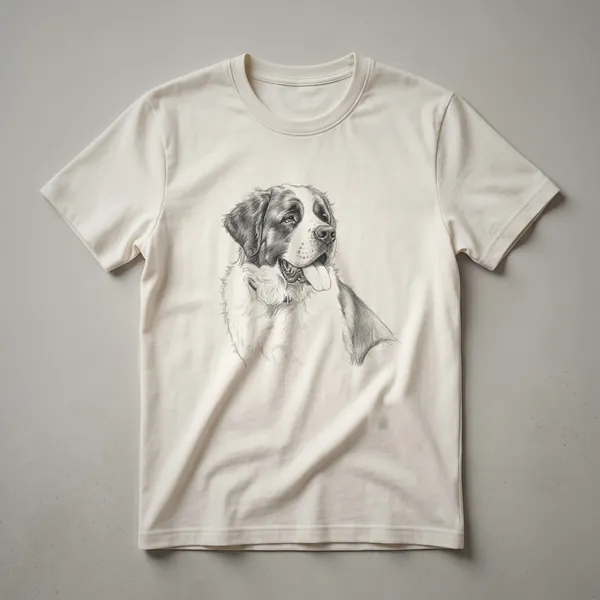 Black t-shirt with a white line drawing of a Saint Bernard dog's head and upper body, looking to the right with its tongue slightly out.