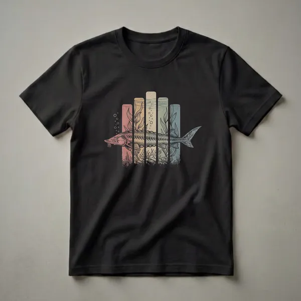 Black t-shirt with a vintage line drawing of a sturgeon fish swimming across colorful vertical stripes, depicting an underwater scene with plants and bubbles.