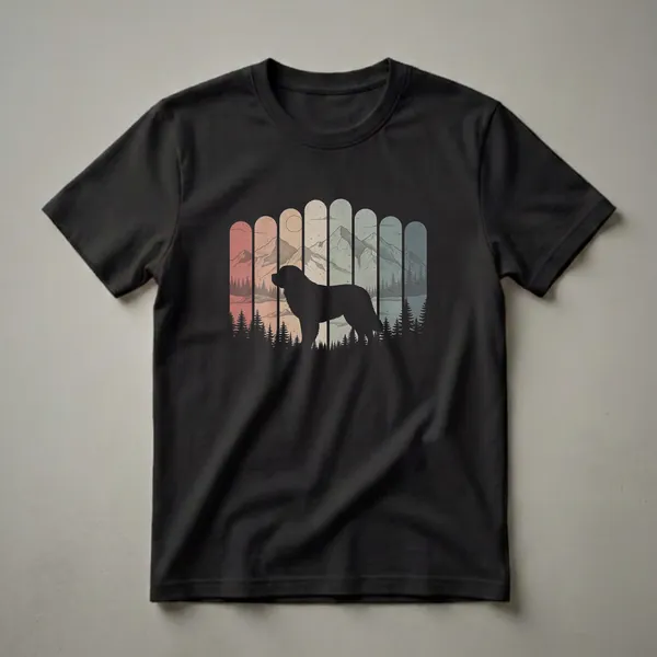 Black silhouette of a Saint Bernard dog in a retro mountain landscape with pine trees and a vintage color palette, printed on a black t-shirt.