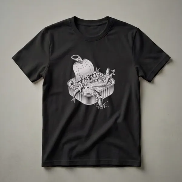 Black t-shirt with a pencil sketch drawing of sardines wearing inner tubes in an open tin can, one sardine holds a martini glass.