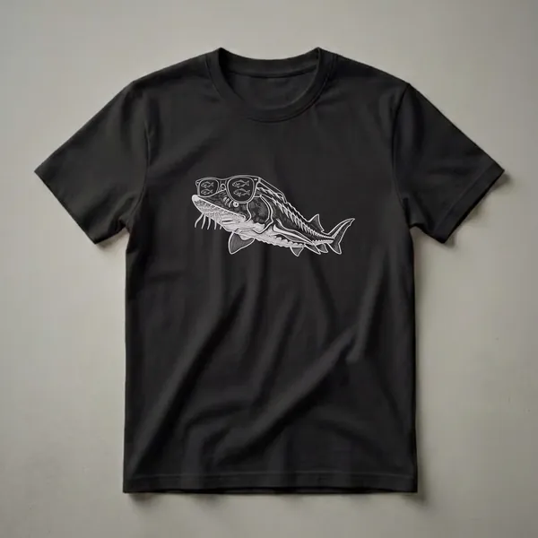 Black t-shirt with a white line drawing of a sturgeon wearing sunglasses, with smaller fish reflected in the lenses.