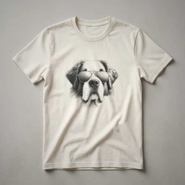 Black and white line art drawing of a Saint Bernard dog wearing aviator sunglasses, presented on a t-shirt.