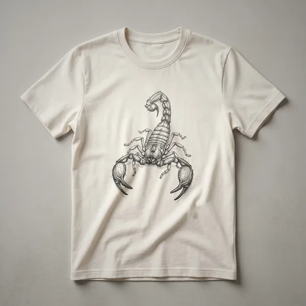 A black t-shirt featuring a detailed vintage line drawing of a scorpion, showcasing its segmented tail, pincers, and body.
