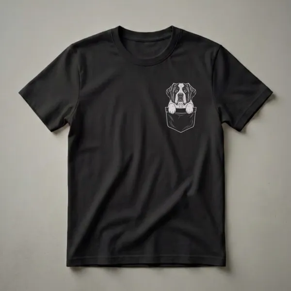 Black t-shirt with a black and white drawing of a Saint Bernard dog's head and paws peeking out of a faux pocket.