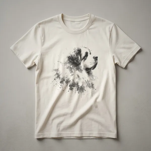 Black t-shirt with an abstract, sketch-like drawing of a Saint Bernard's face in shades of grey, accented with paint splatters.