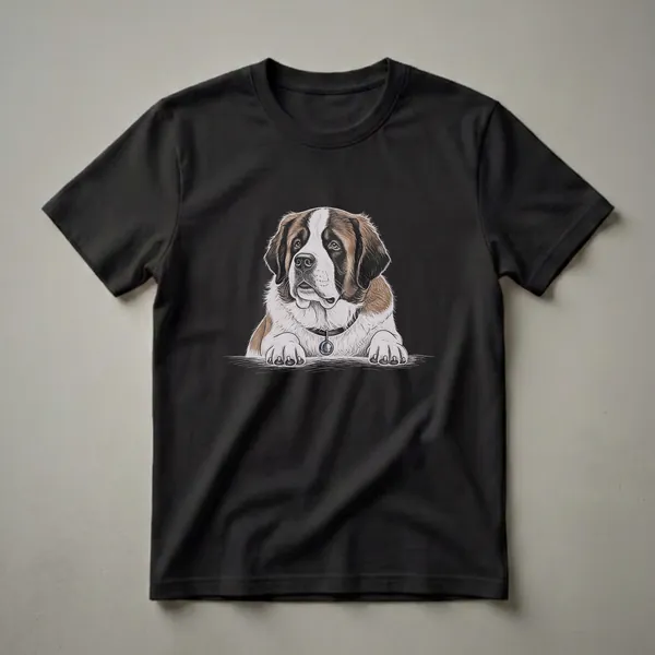 Black t-shirt with a hand-drawn illustration of a Saint Bernard dog's head and paws, featuring brown and white fur markings and a collar with a tag.