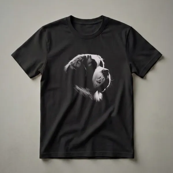 Black t-shirt with a detailed black and white line drawing of a Saint Bernard dog's head in profile, showcasing its fur texture and facial features.