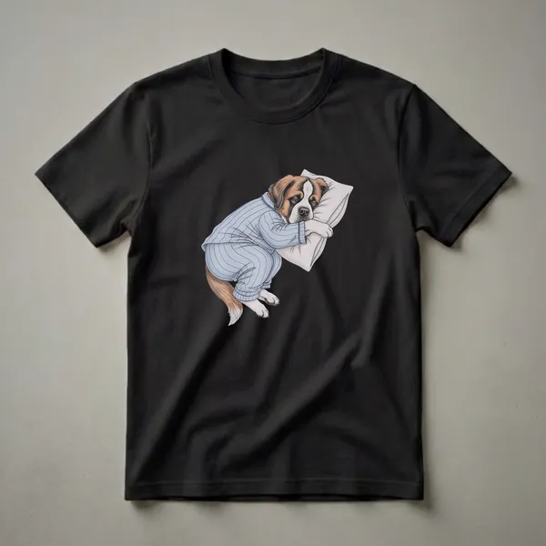 Black t-shirt featuring a drawing of a Saint Bernard dog wearing blue striped pajamas and sleeping on a white pillow.