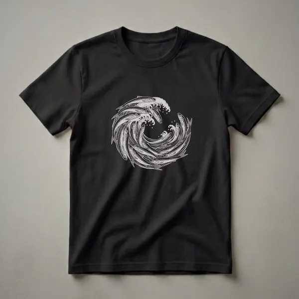 Black t-shirt with a monochrome drawing of a school of sardines forming a circular wave pattern, with white accents for the water and fish details.