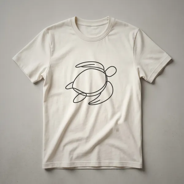Black line art drawing of a sea turtle on a black t-shirt, showcasing its shell and flippers in a minimalist style.