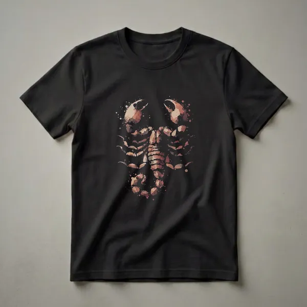 Black t-shirt with a watercolor-style drawing of a scorpion in shades of brown and beige, with a splatter ink effect.