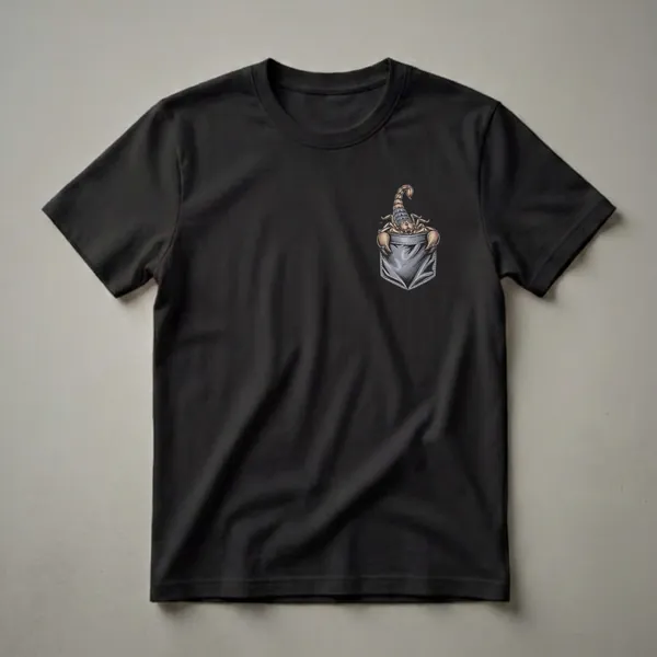 Black t-shirt featuring a vintage drawing of a brown scorpion peeking out of a grey faux pocket on the upper right chest area.