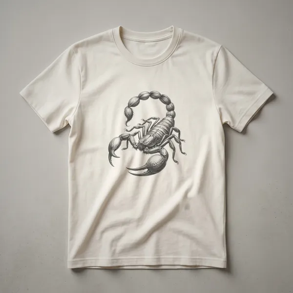 Black t-shirt with a detailed vintage line drawing of a scorpion in white outline, featuring its segmented tail, pincers, and legs.