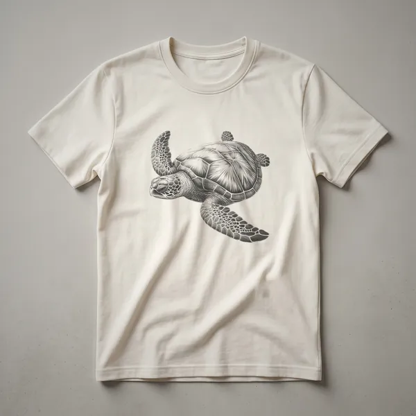 Black t-shirt featuring a detailed vintage line art sketch of a sea turtle swimming, with intricate patterns on its shell and flippers.