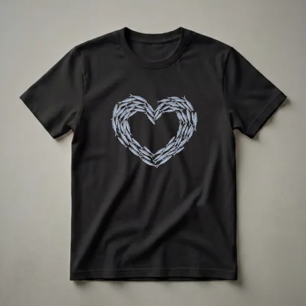 A black t-shirt featuring a heart shape formed by a school of detailed, silver-blue sardines with visible eyes and fins.
