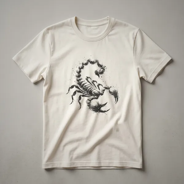 A dark grey abstract scorpion drawing with ink splatters and swirling lines on a black t-shirt.