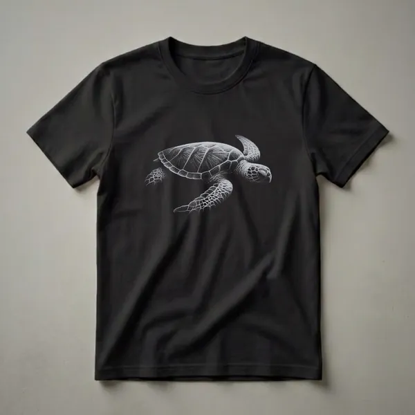 Black t-shirt with a white stippled drawing of a sea turtle swimming, showcasing detailed shell and flipper patterns.