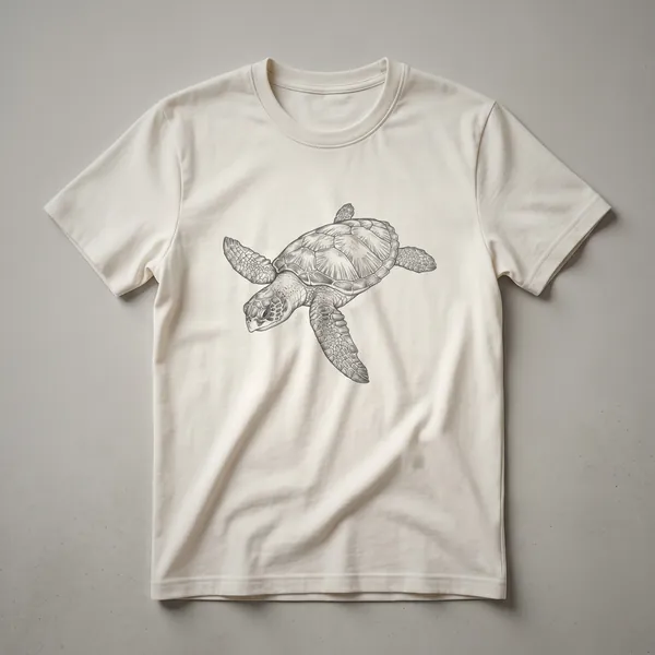 A black and white line drawing of a sea turtle swimming, displayed on a t-shirt.