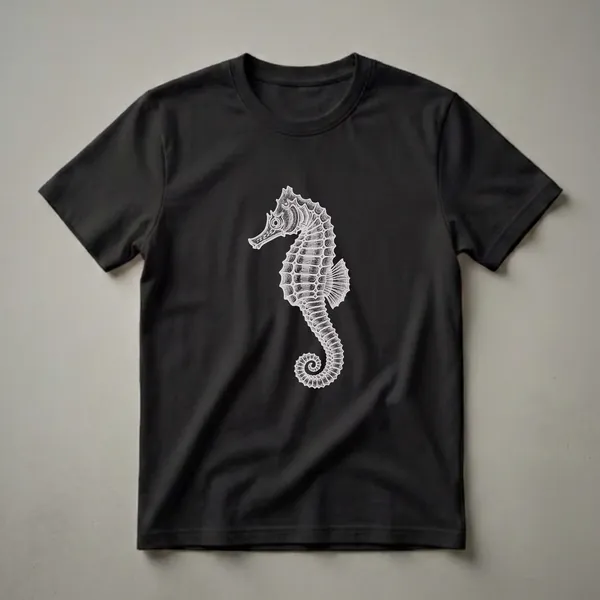 White vintage sketch of a seahorse on a black t-shirt, showcasing intricate details of its body and curled tail.