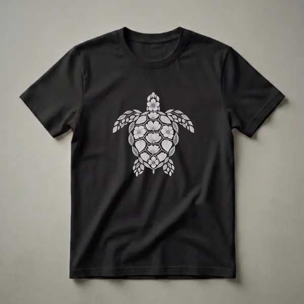 Black t-shirt with a white, detailed illustration of a sea turtle composed of flowers and leaves.