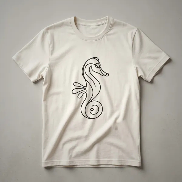 A black line art drawing of a seahorse on a black t-shirt, featuring a curled tail and elegant snout.
