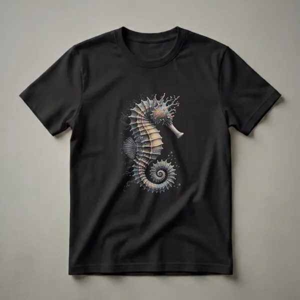 Black t-shirt featuring a detailed, textured graphic art design of a seahorse with its tail curled, surrounded by small bubbles and swirling lines.