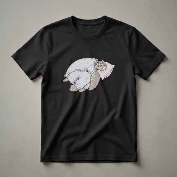 A light blue pajama-clad sea turtle is depicted sleeping peacefully on a cream-colored pillow, rendered in a hand-drawn art style.