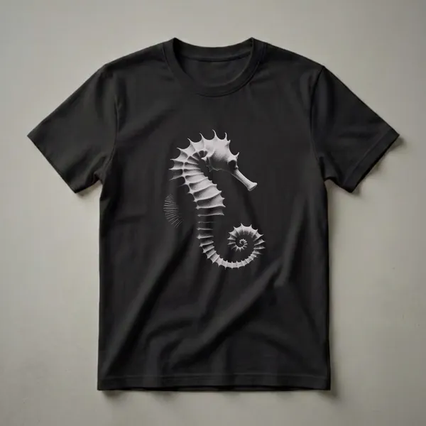 Black t-shirt with a detailed stippled drawing of a white seahorse against a black background, showcasing its curled tail and spiky fins.