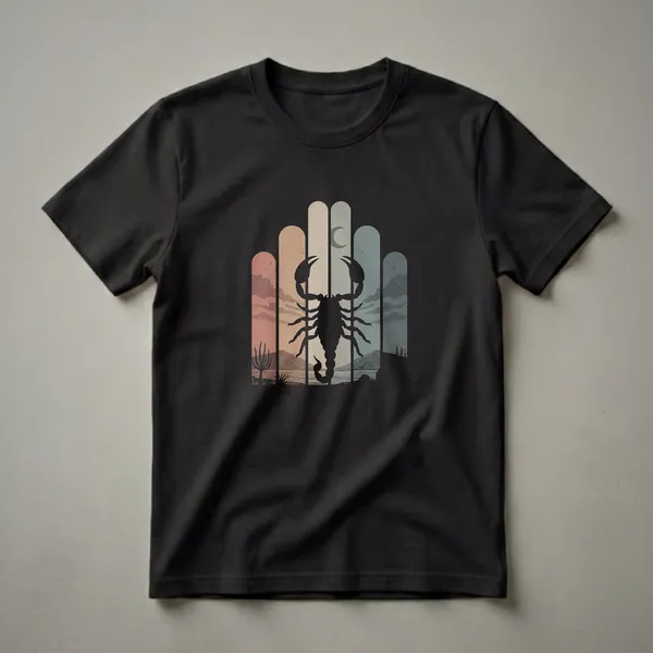 Black graphic t-shirt featuring a silhouette of a scorpion against a retro desert sunset with a crescent moon and stylized cacti.