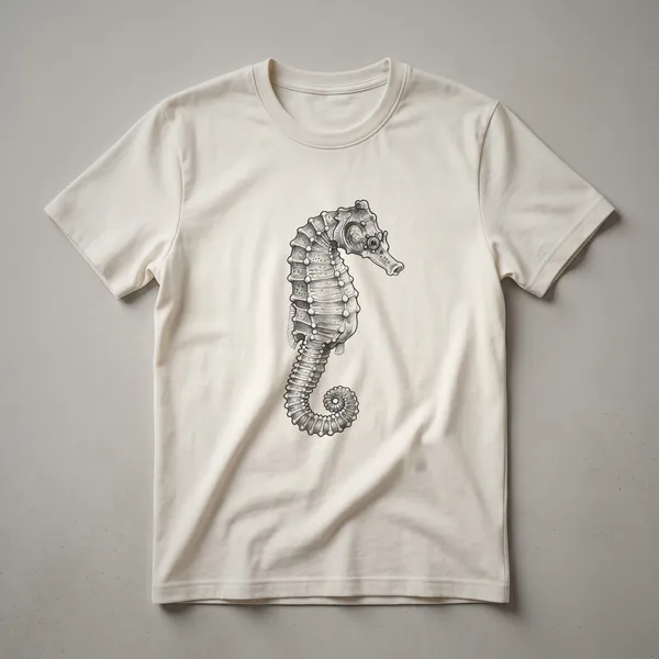 Black and white line drawing of a seahorse with a curled tail, displayed on a black t-shirt.