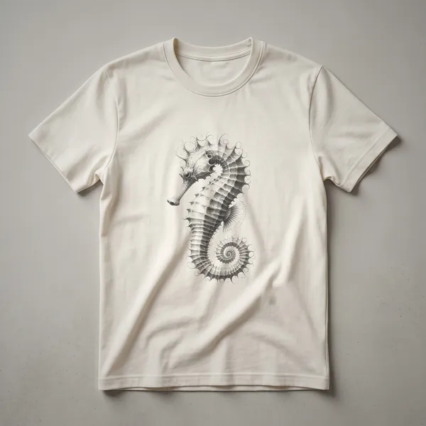 Black t-shirt featuring a detailed vintage sketch of a seahorse in profile, with intricate lines defining its body and curled tail.