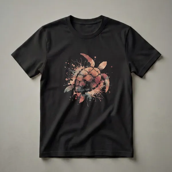 Black t-shirt featuring a sea turtle graphic with a watercolor splash effect in shades of rust, beige, and teal.