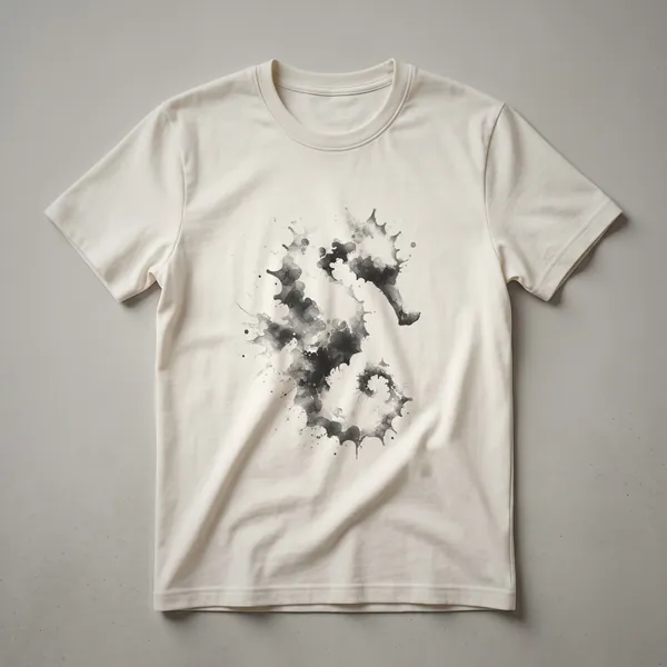 Dark abstract seahorse watercolor art design on a black t-shirt, featuring flowing lines and textured details.