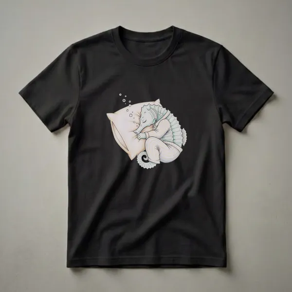 A light blue and green seahorse wearing white and yellow striped pajamas sleeps peacefully on a tan pillow, with small bubbles floating upwards, on a black background.