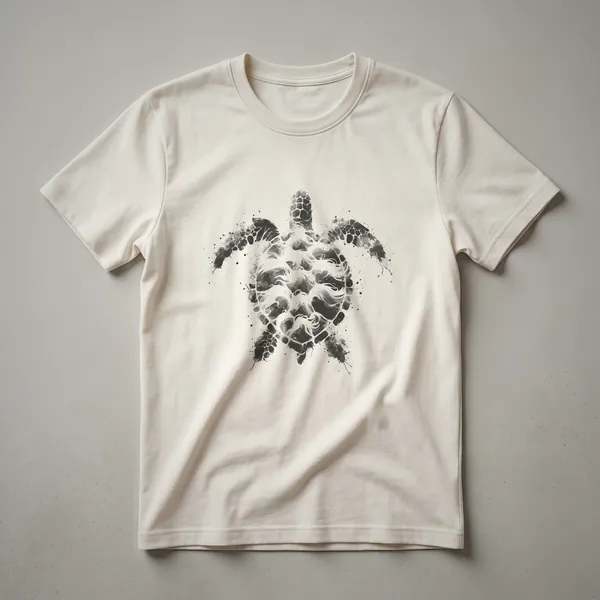 A black t-shirt featuring a distressed, abstract drawing of a sea turtle in a splattered ink art style.